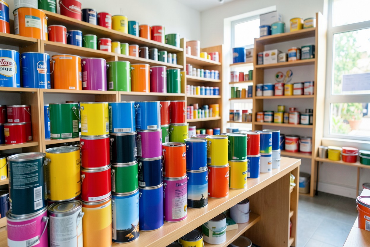 Estantería con pinturas de diferentes colores